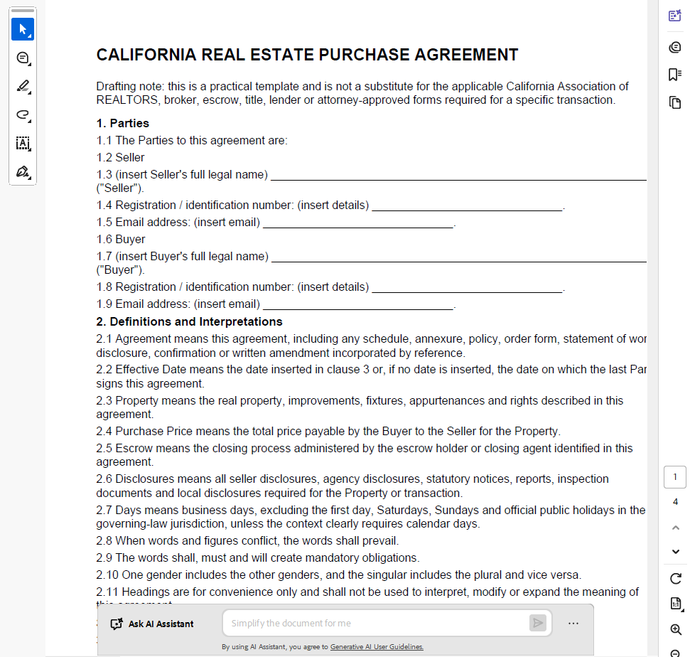 CALIFORNIA REAL ESTATE PURCHASE AGREEMENT